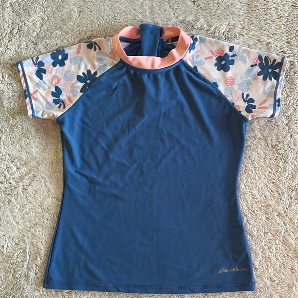 Eddie Bauer floral Rashguard  SZ M  10-12  blue SS